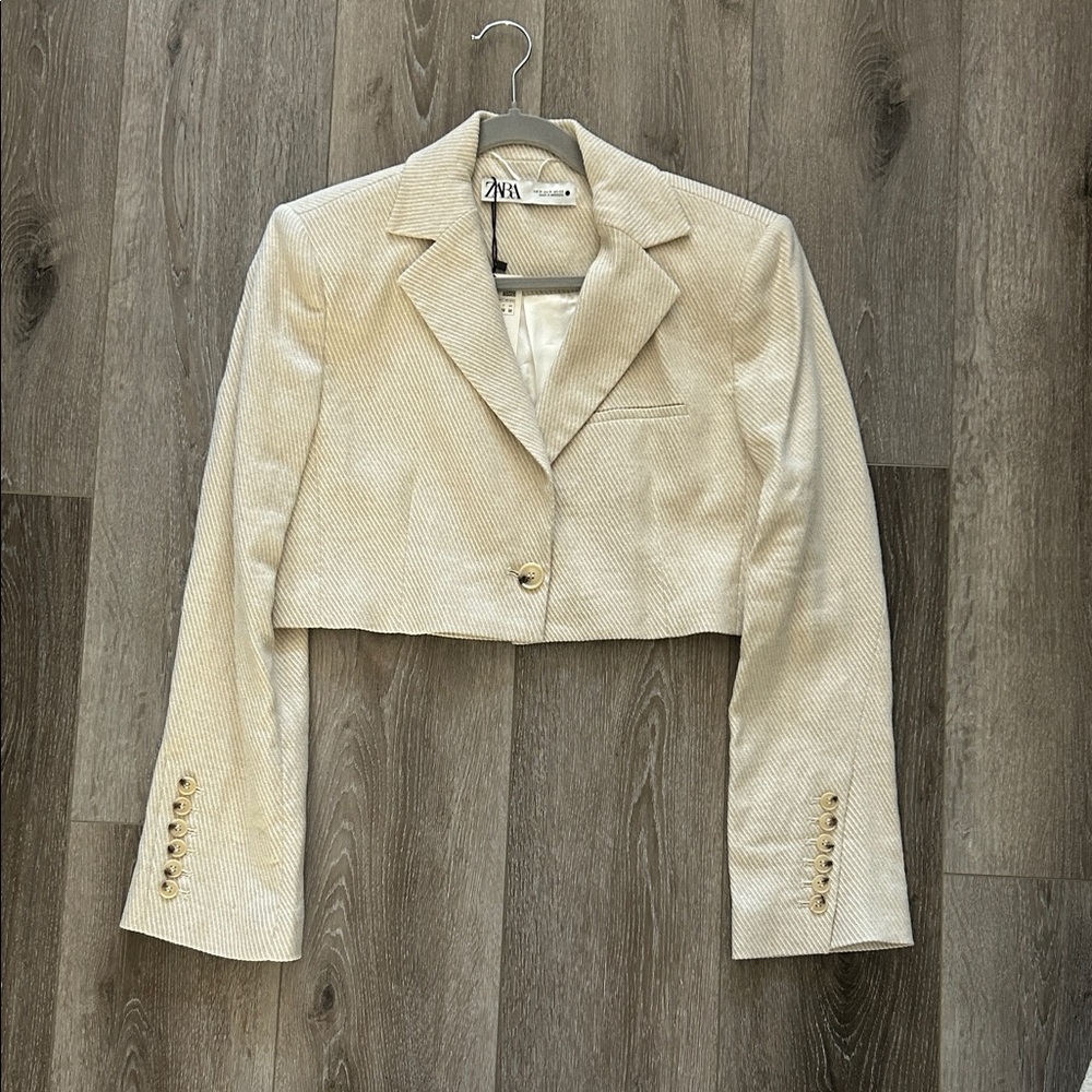 Zara Cropped Cream Beige Linen Blend Blazer Size M NWT